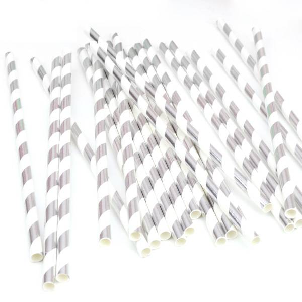 Eco Friendly Paper Straws 7.7 in. Silver Striped Foil - 100/Cs