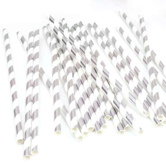 Eco Friendly Paper Straws 7.7 in. Silver Striped Foil - 100/Cs