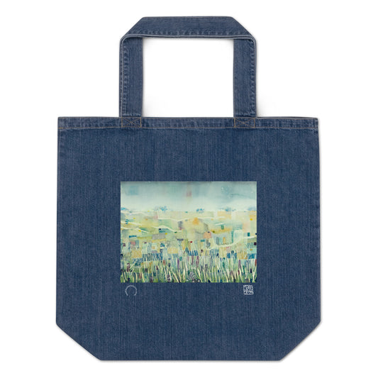 Organic denim tote bag - Poppy in a Barley Field